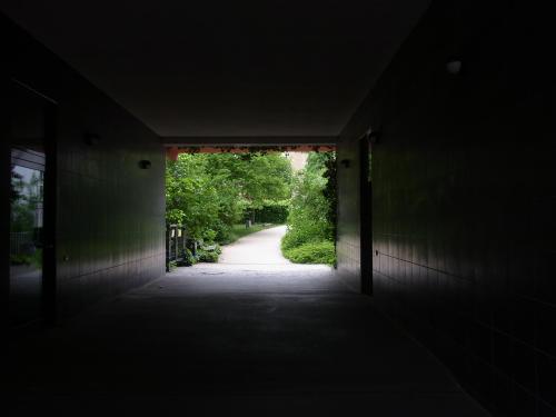Blick aus dem Dunkel eines Tunnels